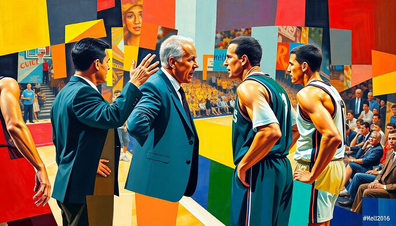 A fractured, cubist-style painting depicting the heated argument between a basketball coach and player, with the figures and court broken down into sharp, overlapping geometric shapes and planes in vibrant team colors.
