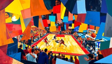 A vibrant, abstract painting featuring sharp, overlapping geometric shapes in the team colors of the Minnesota Timberwolves and Indiana Pacers, capturing the intensity and movement of a professional basketball game.