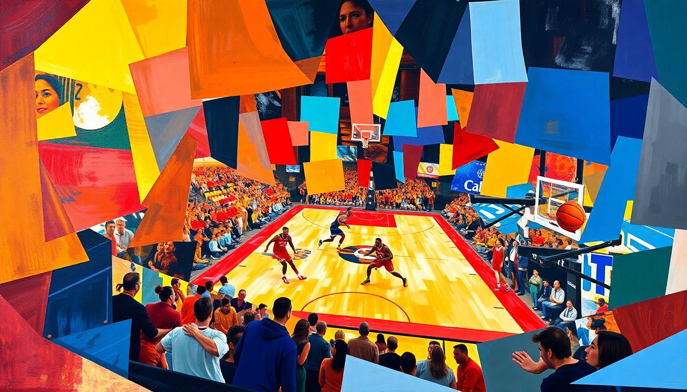 A vibrant, abstract painting featuring sharp, overlapping geometric shapes in the team colors of the Minnesota Timberwolves and Indiana Pacers, capturing the intensity and movement of a professional basketball game.