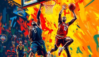An abstract, energetic painting featuring bold, neon-colored brushstrokes that capture the dynamic movements and scoring plays of basketball players on a basketball court.