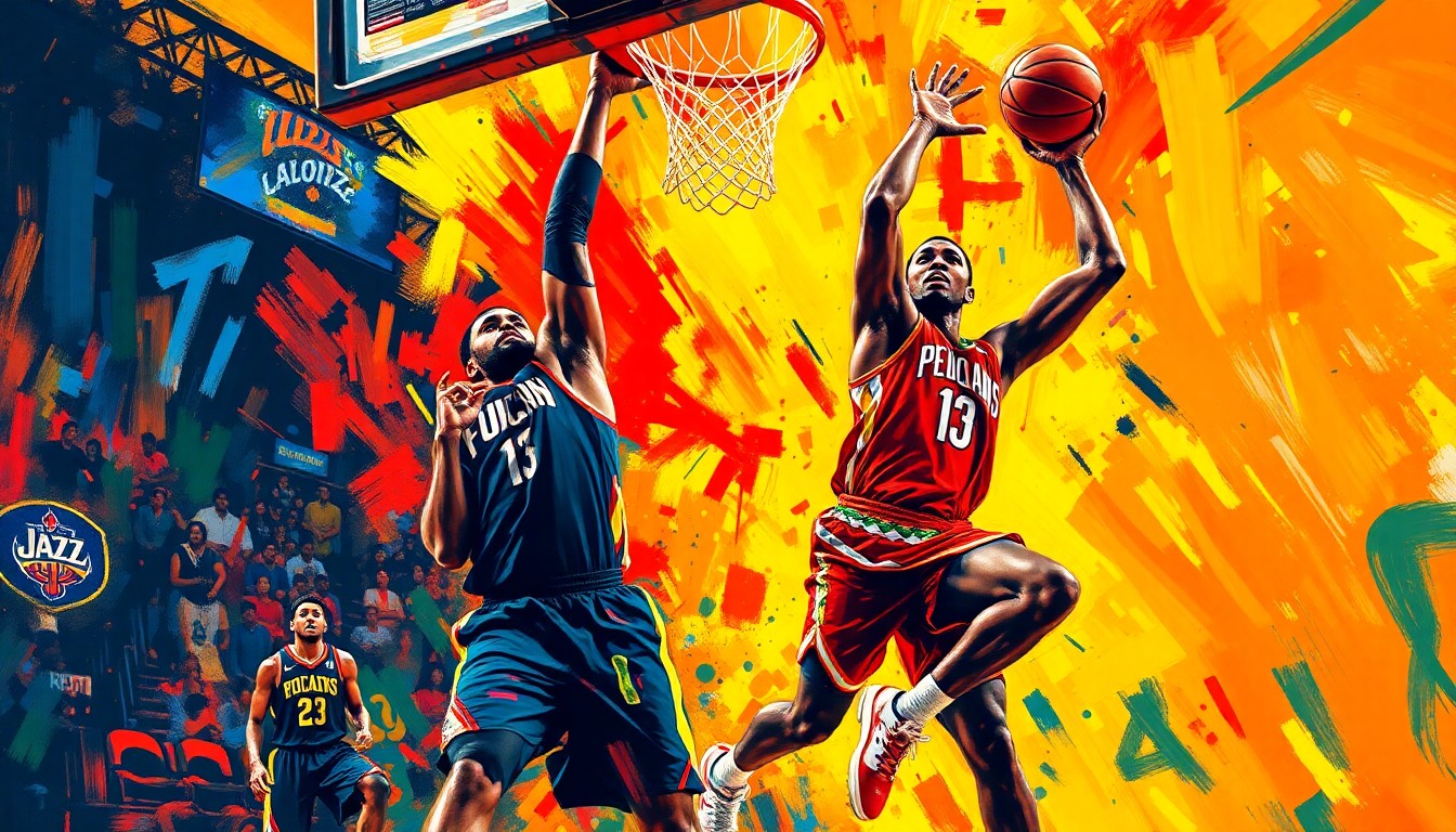 An abstract, energetic painting featuring bold, neon-colored brushstrokes that capture the dynamic movements and scoring plays of basketball players on a basketball court.