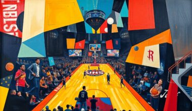 A fragmented, geometric painting depicting a basketball game, with sharp planes of color and form representing the competitive spirit between the Phoenix Suns and Houston Rockets.