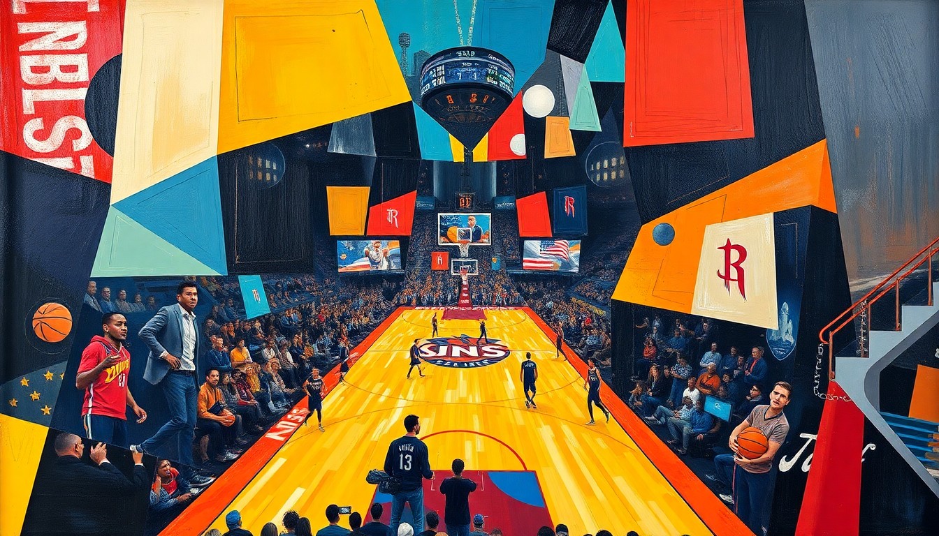 A fragmented, geometric painting depicting a basketball game, with sharp planes of color and form representing the competitive spirit between the Phoenix Suns and Houston Rockets.