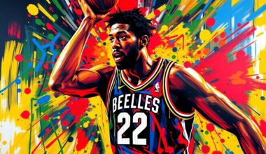 An abstract, expressionist painting featuring bold, neon-colored brushstrokes and splatters that capture the dynamic movement and energy of a basketball player in action, representing Kawhi Leonard