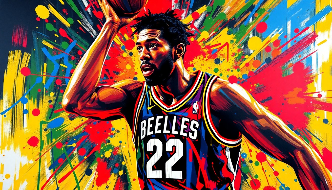 An abstract, expressionist painting featuring bold, neon-colored brushstrokes and splatters that capture the dynamic movement and energy of a basketball player in action, representing Kawhi Leonard