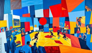 A cubist-style painting depicting a basketball game in motion, with the players and court fragmented into overlapping geometric shapes in a vibrant color palette.