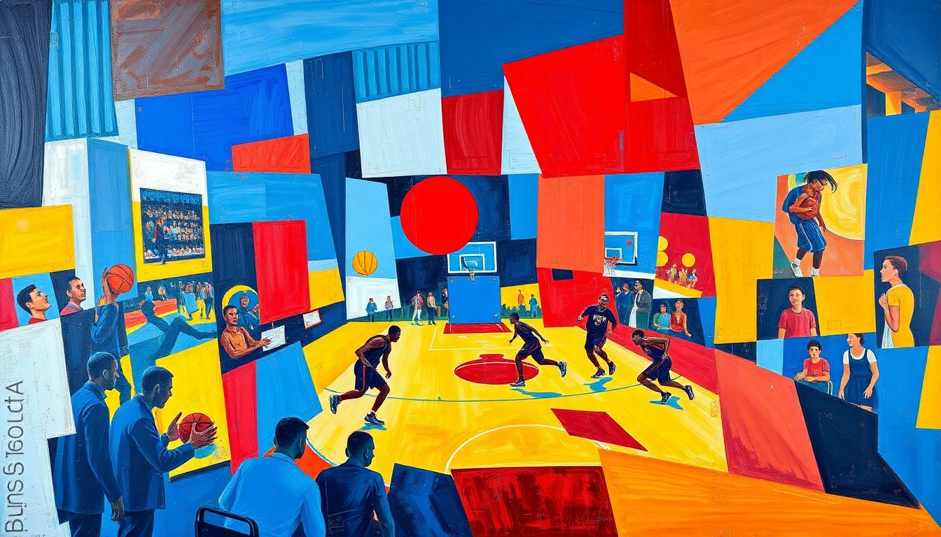 A cubist-style painting depicting a basketball game in motion, with the players and court fragmented into overlapping geometric shapes in a vibrant color palette.