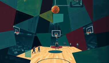 A fragmented, cubist-style painting depicting a basketball game broken down into sharp, overlapping geometric shapes in dark, muted colors, conveying the complexity and challenges the Wizards face in rebuilding their team.