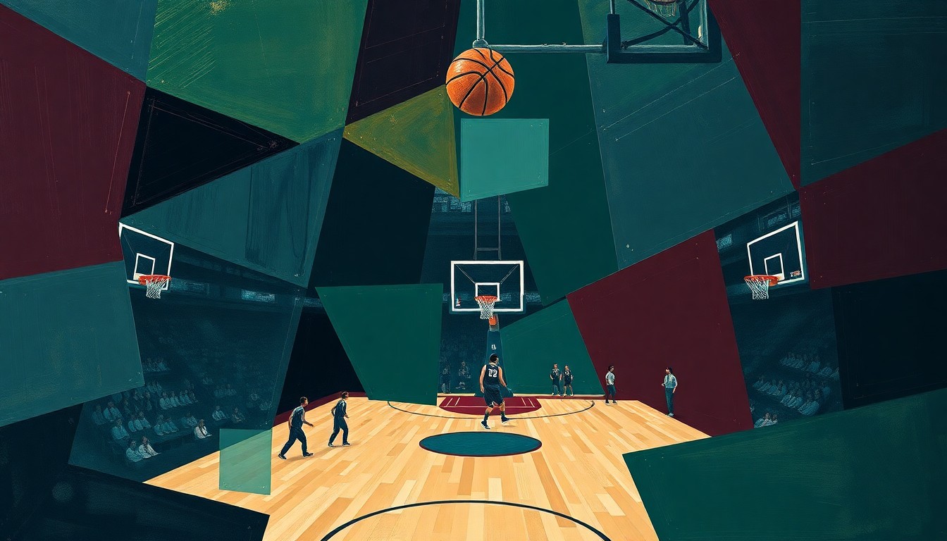 A fragmented, cubist-style painting depicting a basketball game broken down into sharp, overlapping geometric shapes in dark, muted colors, conveying the complexity and challenges the Wizards face in rebuilding their team.