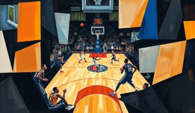 An abstract, cubist-style painting depicting the dynamic movements and energy of a basketball game between the Los Angeles Clippers and Dallas Mavericks, with sharp geometric planes and overlapping perspectives conveying the intensity of the competition.