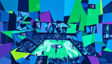 A cubist, geometric painting depicting a fragmented basketball game, with sharp planes of blue, green, and purple representing the Timberwolves