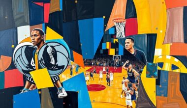A fractured, cubist-style painting depicting a basketball game or match, with sharp geometric planes in the official team colors of the Dallas Mavericks and Los Angeles Lakers, conceptually representing the challenges of managing player injuries across organizations.