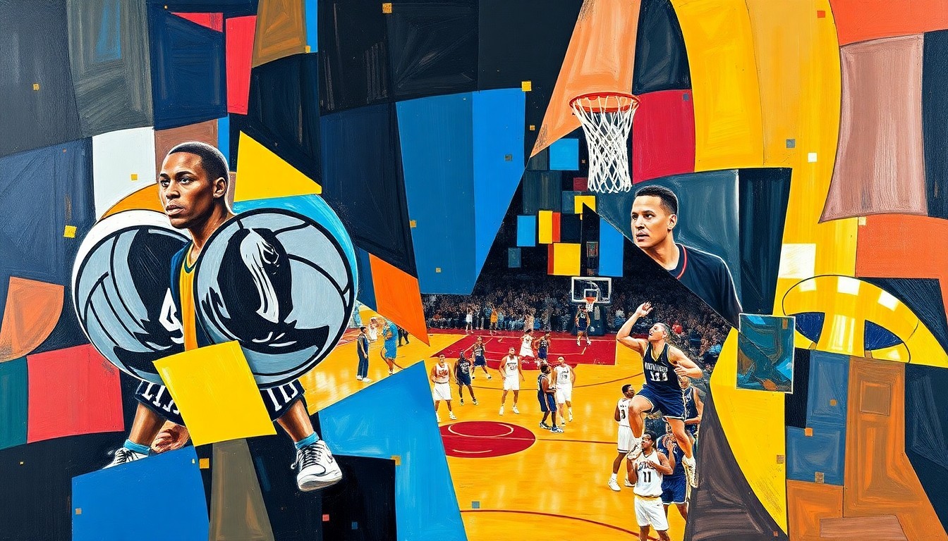 A fractured, cubist-style painting depicting a basketball game or match, with sharp geometric planes in the official team colors of the Dallas Mavericks and Los Angeles Lakers, conceptually representing the challenges of managing player injuries across organizations.