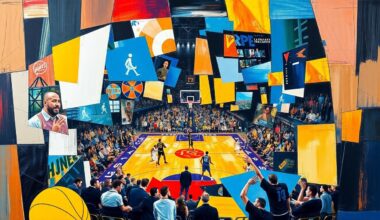 A fragmented, geometric painting depicting the action and movement of a basketball game, with players and the court broken down into sharp, overlapping shapes and planes of color, conveying the intensity and dynamism of the lopsided matchup between the Thunder and Lakers.