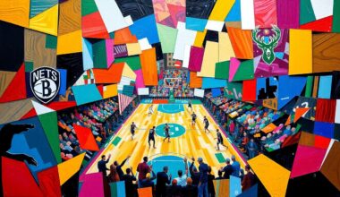 A fractured, cubist-style painting depicting a basketball game, with sharp geometric shapes and planes in the team colors of the Brooklyn Nets and Milwaukee Bucks, conceptually representing the competitive spirit and dynamic movement of the sport.
