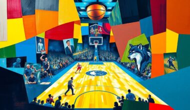 A cubist, geometric painting depicting a basketball game in progress, with the players and court broken down into overlapping planes of bright, contrasting colors.