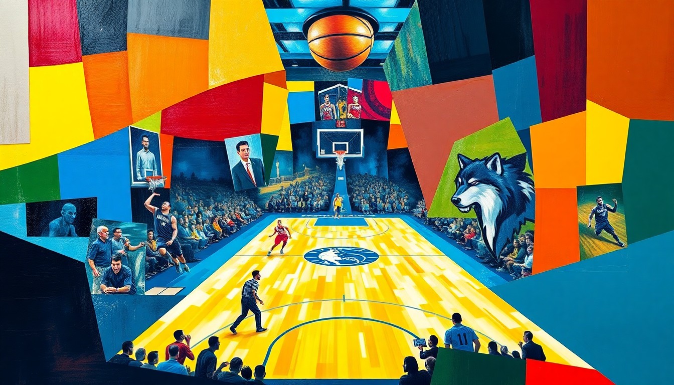 A cubist, geometric painting depicting a basketball game in progress, with the players and court broken down into overlapping planes of bright, contrasting colors.