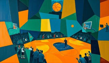 A cubist, geometric painting depicting a basketball game, with sharp, overlapping planes in navy, green, and orange, capturing the energy and intensity of the matchup.