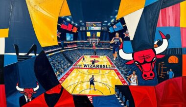 A cubist-style painting featuring sharp, overlapping geometric shapes and planes in the colors of the Washington Wizards and Chicago Bulls, conceptually representing the fragmented and disappointing seasons of these two NBA teams.