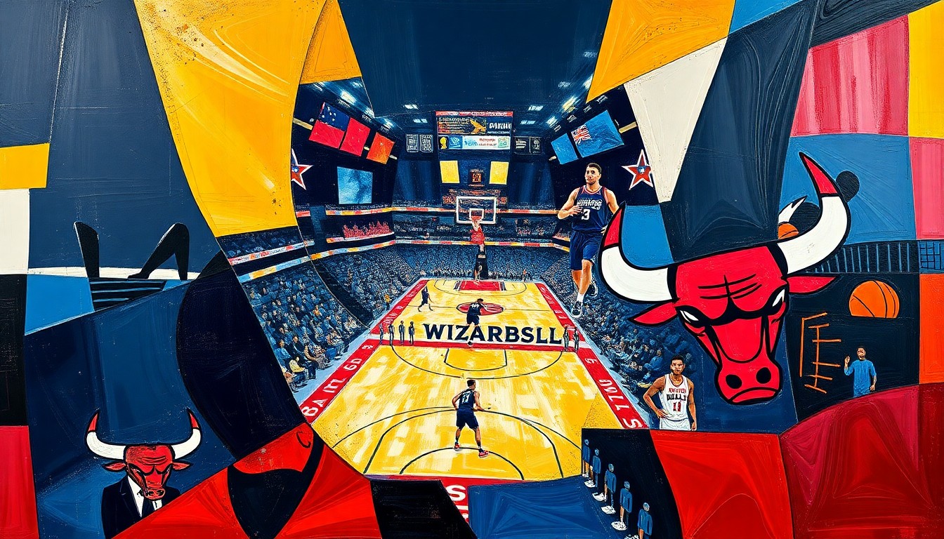 A cubist-style painting featuring sharp, overlapping geometric shapes and planes in the colors of the Washington Wizards and Chicago Bulls, conceptually representing the fragmented and disappointing seasons of these two NBA teams.