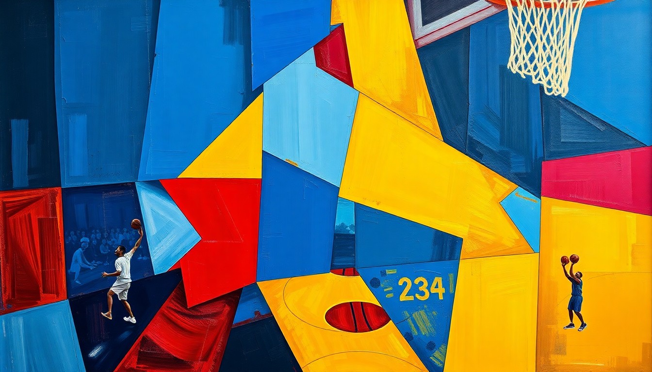 A cubist, geometric painting depicting the dynamic action of a basketball game, with overlapping planes of color and form representing the players