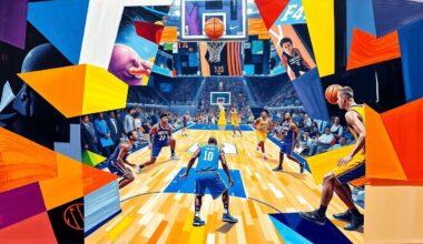 A cubist, geometric painting depicting an NBA basketball game between the Oklahoma City Thunder and Los Angeles Lakers, with the players and court fragmented into sharp, overlapping planes of vibrant blue, orange, purple, and gold.