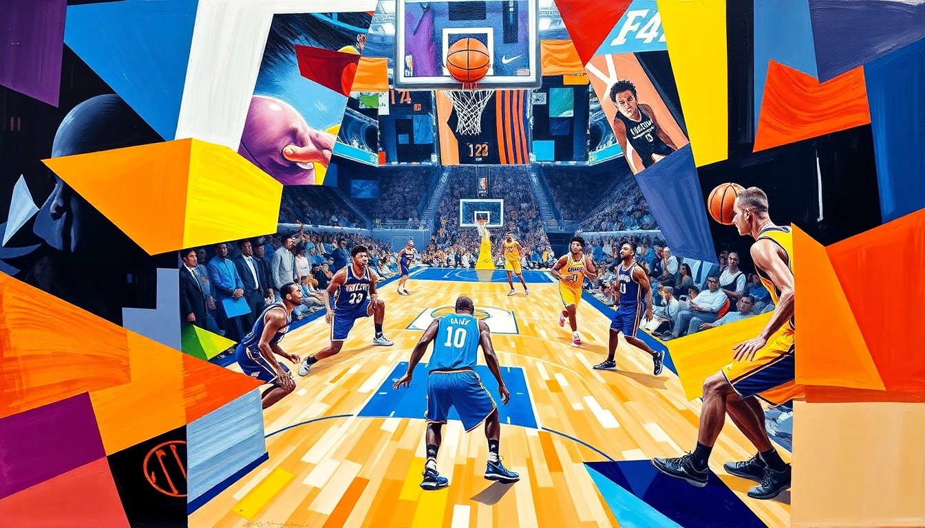 A cubist, geometric painting depicting an NBA basketball game between the Oklahoma City Thunder and Los Angeles Lakers, with the players and court fragmented into sharp, overlapping planes of vibrant blue, orange, purple, and gold.