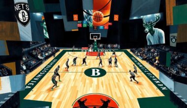 A cubist-style painting depicting a basketball game between the Brooklyn Nets and Milwaukee Bucks, with the players and court rendered in sharp, overlapping geometric shapes and planes, creating a dynamic, abstract composition.