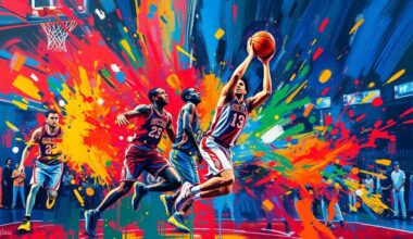 An abstract, energetic painting in neon colors depicting the movement and energy of a basketball game, with players