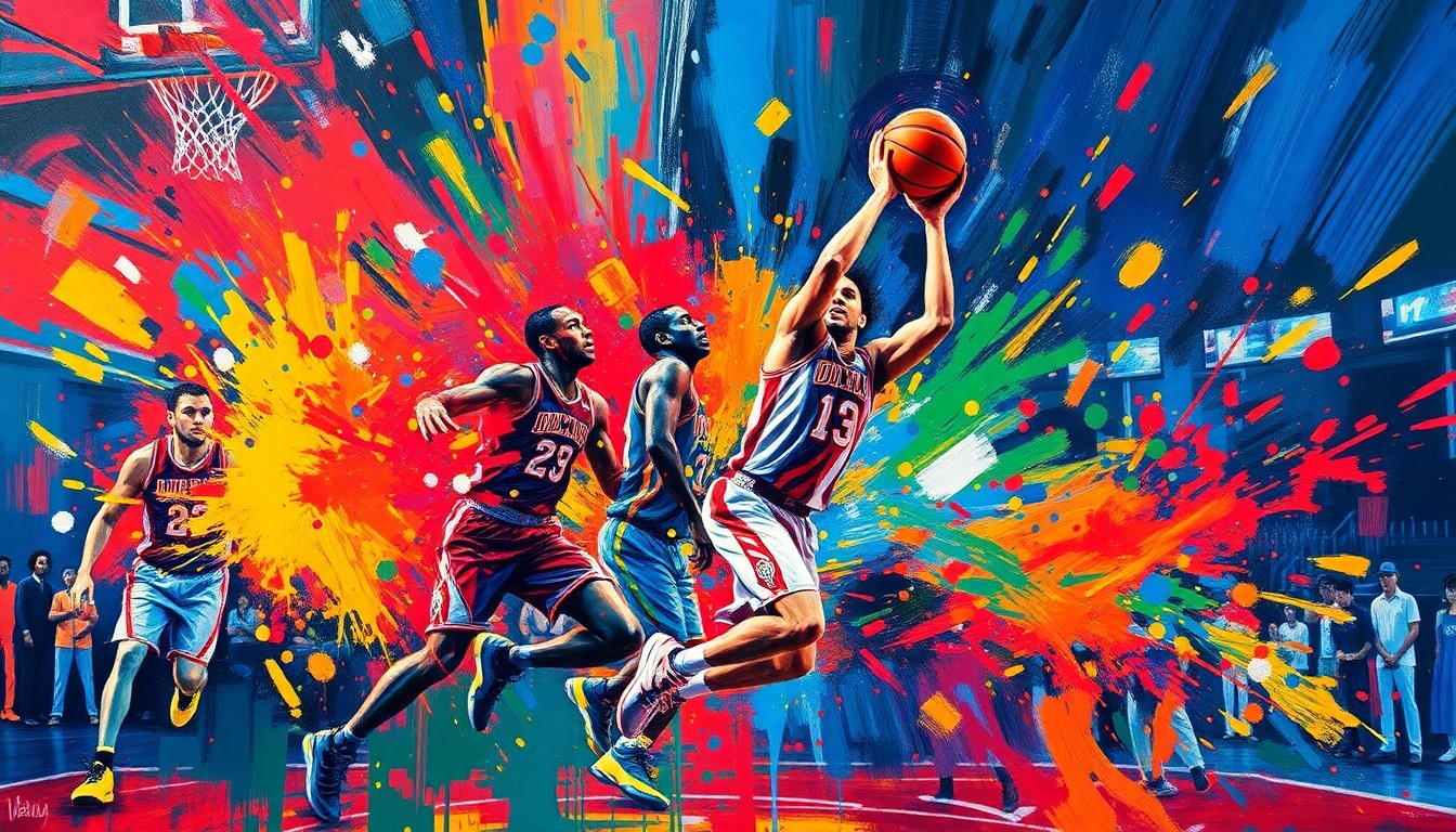 An abstract, energetic painting in neon colors depicting the movement and energy of a basketball game, with players