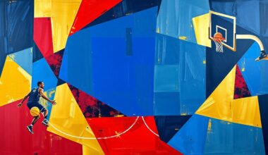 A cubist-style painting depicting fragmented, overlapping geometric shapes in navy, red, and gold, representing the strategic preparation and teamwork of a basketball team.