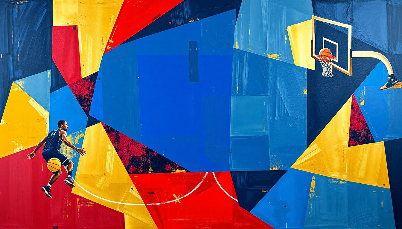 A cubist-style painting depicting fragmented, overlapping geometric shapes in navy, red, and gold, representing the strategic preparation and teamwork of a basketball team.