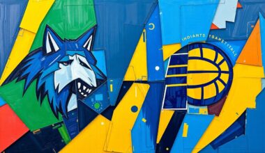 A cubist, geometric painting depicting a basketball game between the Minnesota Timberwolves and Indiana Pacers, with overlapping planes of blue, green, gold, and red conveying the energy and movement of the sport.