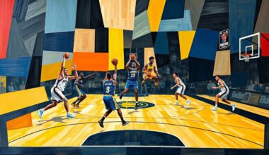A fractured, cubist-style painting depicting the dynamic movements and lines of a basketball game, with the players