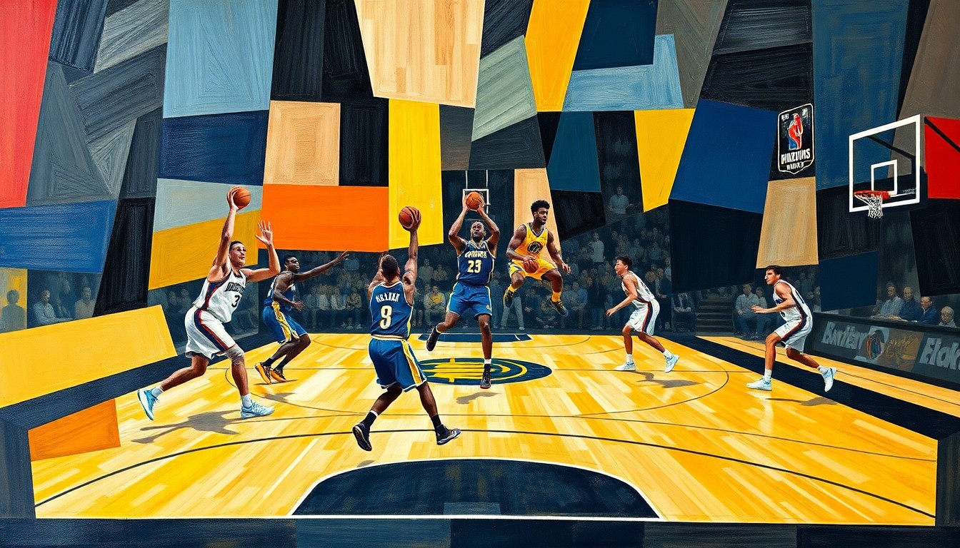 A fractured, cubist-style painting depicting the dynamic movements and lines of a basketball game, with the players