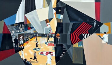 A fragmented, geometric painting depicting a basketball game, with the players and court broken down into sharp, overlapping shapes and planes in a cubist style, conveying the disruption caused by the Spurs