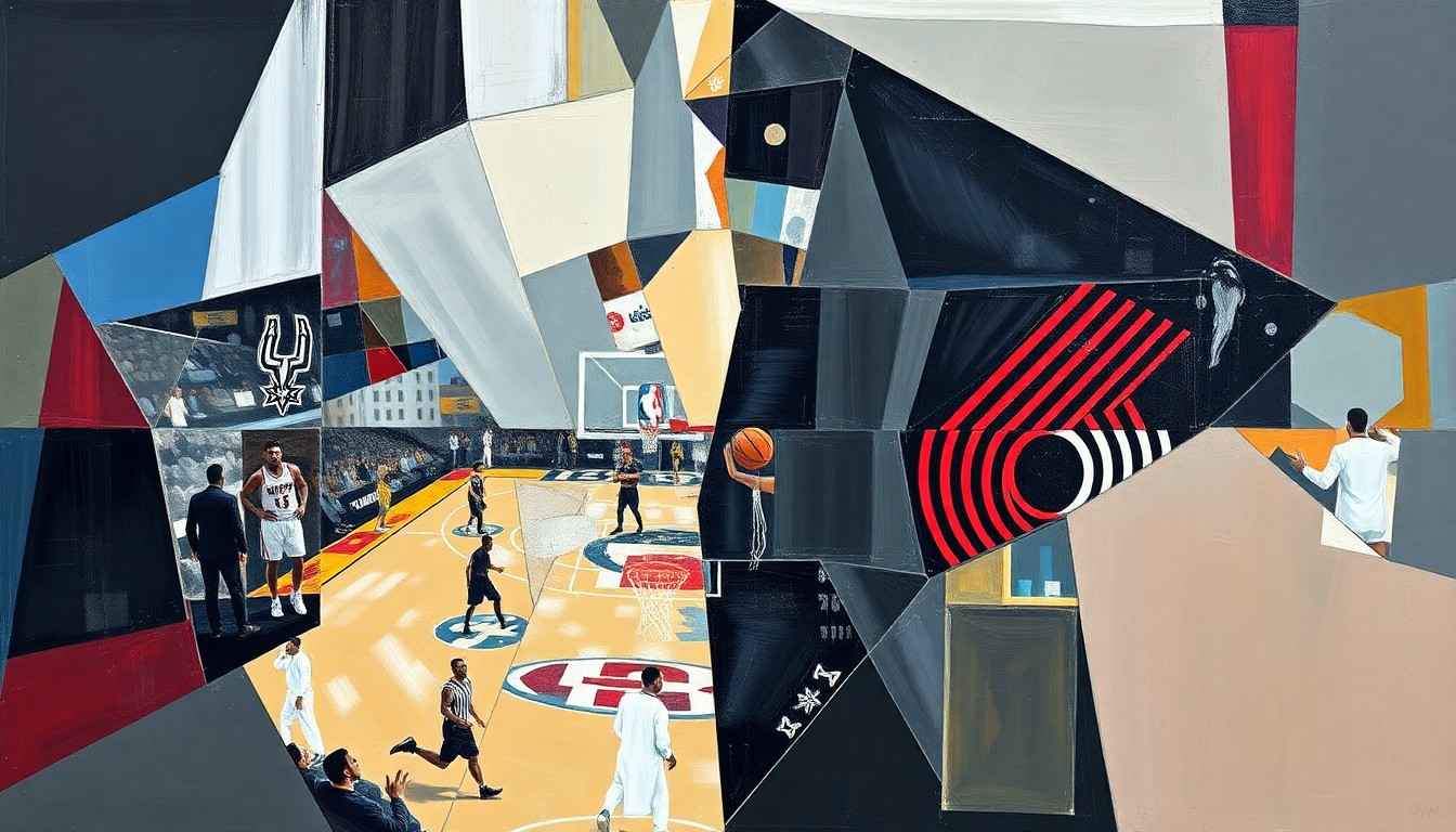 A fragmented, geometric painting depicting a basketball game, with the players and court broken down into sharp, overlapping shapes and planes in a cubist style, conveying the disruption caused by the Spurs