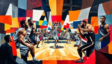 A cubist, geometric painting depicting a basketball game in abstract, fragmented forms and vibrant team colors, conveying the disruption caused by player injuries.