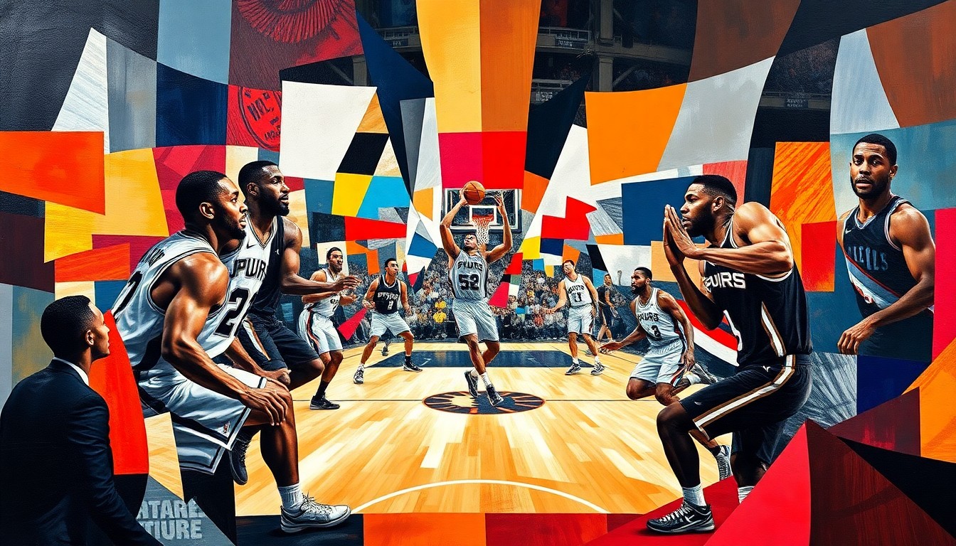 A cubist, geometric painting depicting a basketball game in abstract, fragmented forms and vibrant team colors, conveying the disruption caused by player injuries.