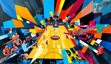 A fractured, cubist-style painting depicting an abstract NBA basketball game, with sharp geometric shapes and planes in the team colors of several overperforming and underperforming squads from the season.