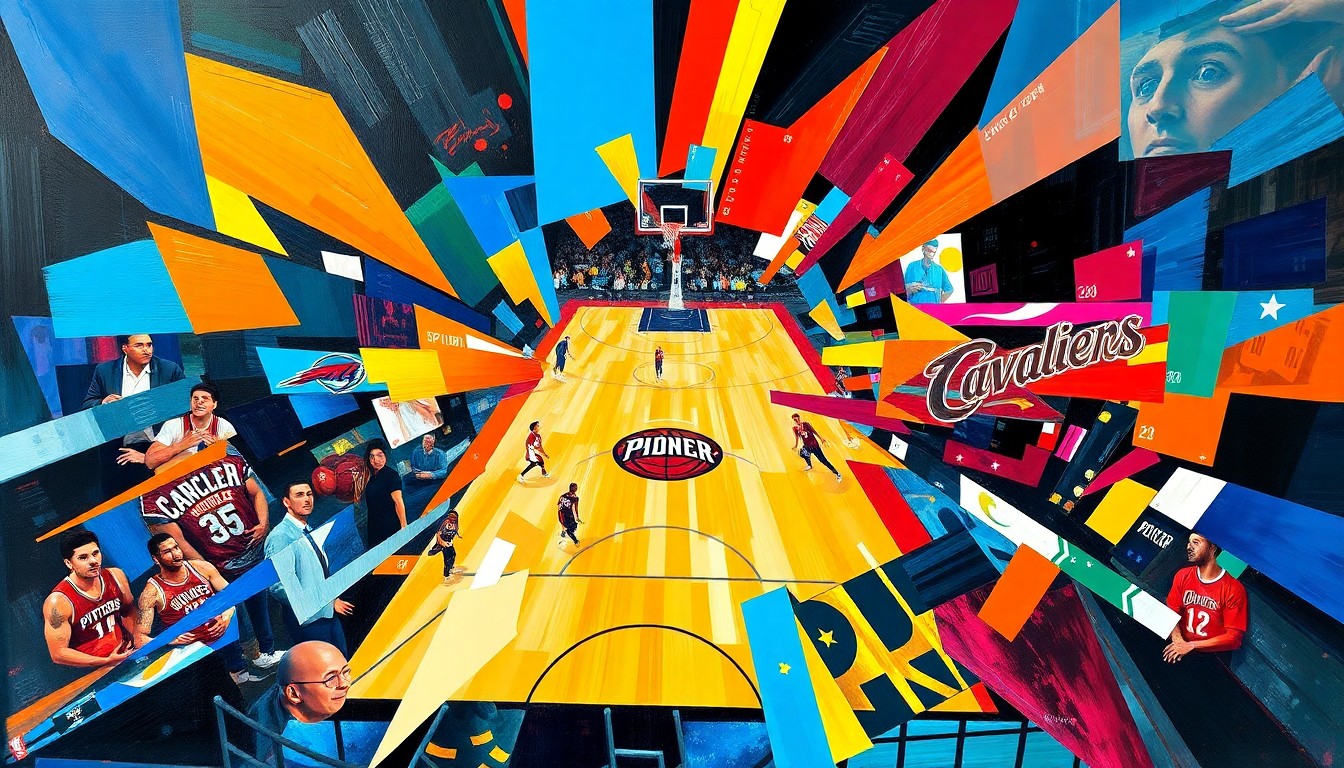 A fractured, cubist-style painting depicting an abstract NBA basketball game, with sharp geometric shapes and planes in the team colors of several overperforming and underperforming squads from the season.