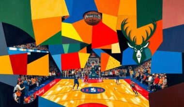 A cubist, geometric painting depicting a basketball game between the Detroit Pistons and Milwaukee Bucks, with the players and court broken down into sharp, overlapping planes of color representing the teams