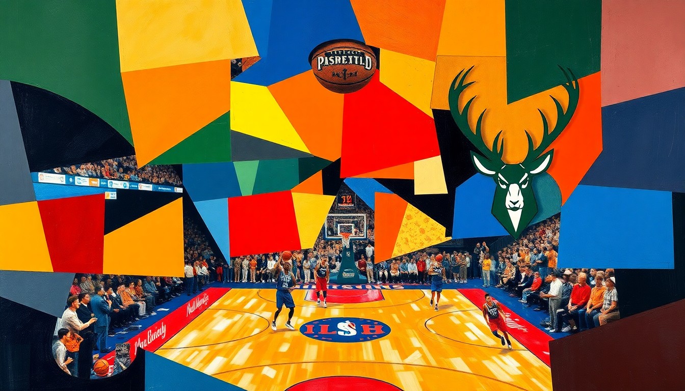 A cubist, geometric painting depicting a basketball game between the Detroit Pistons and Milwaukee Bucks, with the players and court broken down into sharp, overlapping planes of color representing the teams