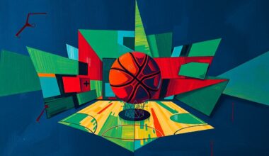 A fragmented, geometric painting depicting a basketball game or match, with sharp, overlapping planes of navy, green, and red, conceptually representing the fractured relationship between a player and his former team.