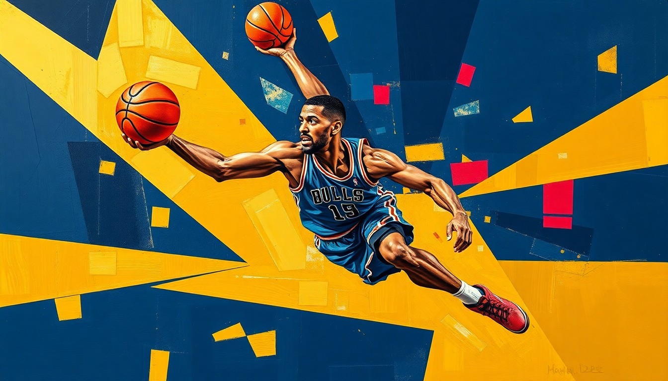 A cubist, geometric painting featuring overlapping planes of navy blue, gold, and crimson red, conceptually representing the complicated emotions and perspectives surrounding Anthony Davis