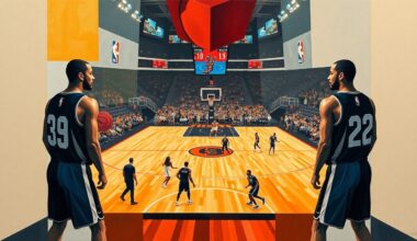 A fractured, multi-perspective painting depicting a basketball game between two teams, with the players