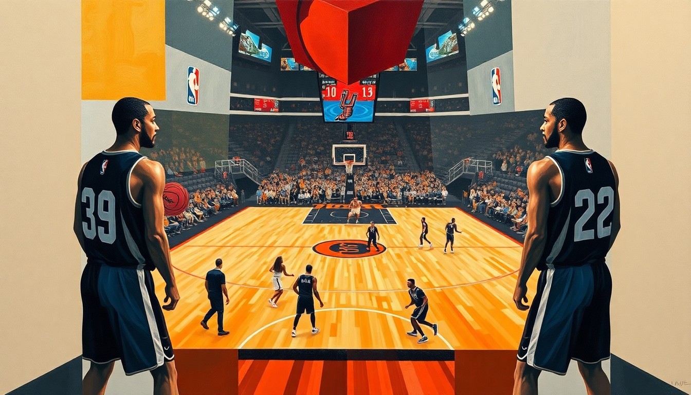 A fractured, multi-perspective painting depicting a basketball game between two teams, with the players