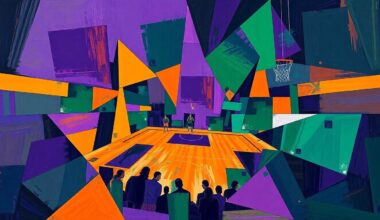 A cubist-style painting featuring overlapping geometric shapes and planes in vibrant colors, conceptually representing the dynamic action of a basketball game.