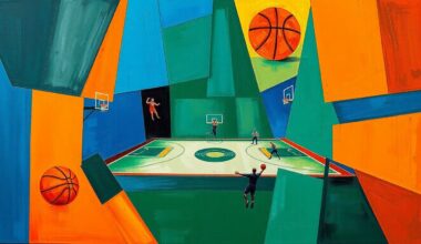 A cubist, geometric painting depicting a fragmented basketball court scene, with sharp, overlapping shapes in shades of blue, green, and orange, conveying the broken relationship between Anthony Davis and the New Orleans Pelicans.