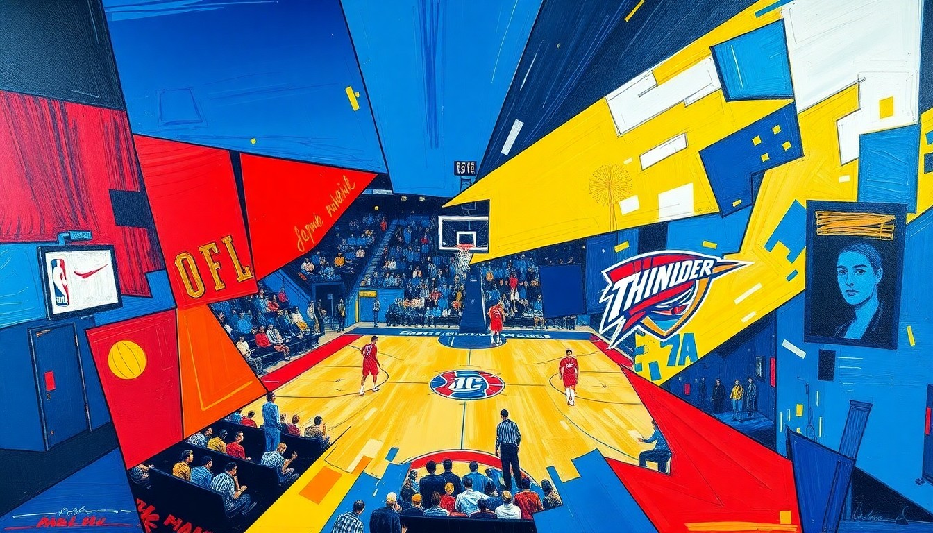 A cubist, geometric painting depicting a basketball game between the Los Angeles Clippers and Oklahoma City Thunder, with the players and court rendered in sharp, overlapping planes of vibrant blue, red, and yellow hues.